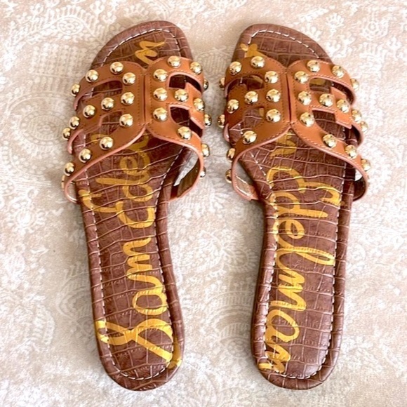 Brand New Sam Edelman Genuine Leather Sandals Cognac w/ Gold Tone Studs - Picture 6 of 14